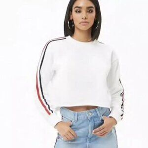 The Cropped Sweatshirt with Silve/Red/Black Sleeve Stripes